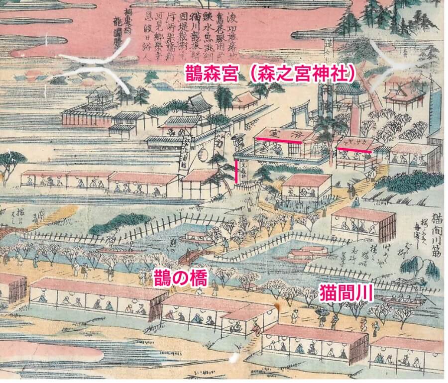 古地図「大阪玉造繁栄之図」に描かれている鵲森宮（森之宮神社）とその周辺