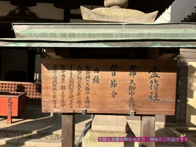 霊符社(大阪天満宮の摂末社)の由緒が書かれている説明板