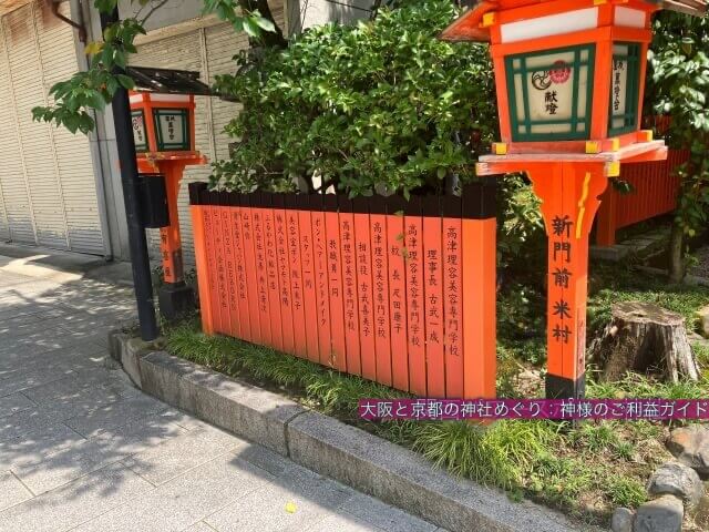 美御前社（八坂神社の末社）の朱塗りの玉垣にある美容関係の専門学校や会社